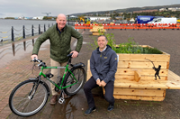 Active travel route cycle track Greenock waterfront. Pictured are Councillor Michael McCormick, left, and Brian Lavalette, property director for Scotland at Peel L&P.